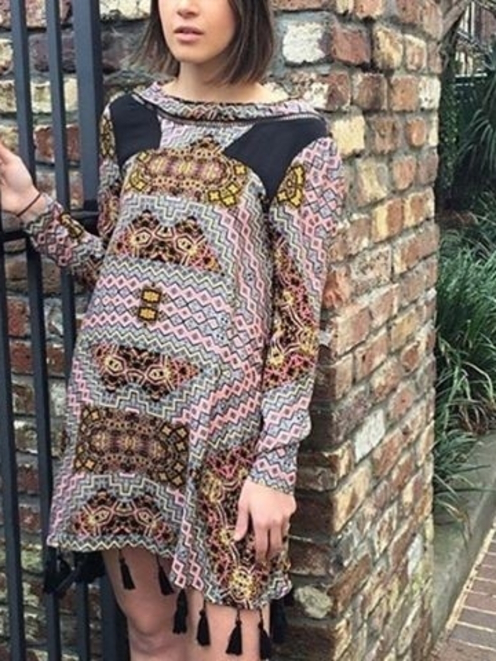 MINKPINK Pink Geometric Print Long-Sleeve Dress (AS IS)
